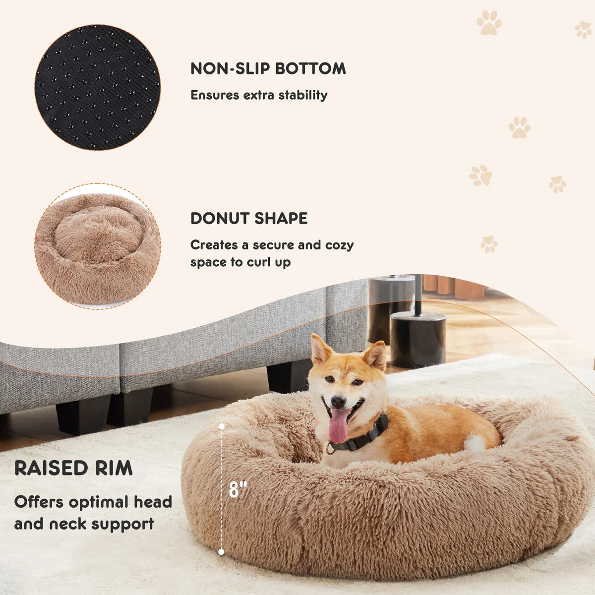 Cloud Donut Dog Bed – Plush Faux Fur, Washable & Non-Slip (Medium to Large Dogs)
